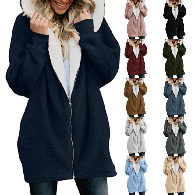 Womens Teddy Bear Fleece Hoodie Tops Ladies Casual Baggy Zip Up Jacket Warm Coat