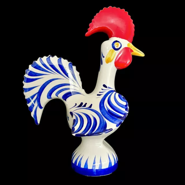 Vintage 1980s Folk Art Portugal Lucky Barcelos Rooster Blue & White Ceramic