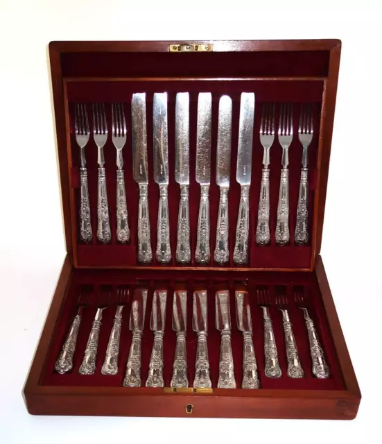 Sheffield, England 1893 Silverplated Fish Set, 12 Knives & 12 Forks Storage Box