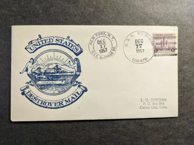 USS McGOWAN DD-678 Naval Cover 1957 MERMAID Cachet