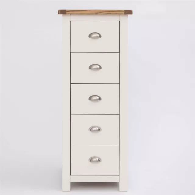 Chest of 5 Drawers Tallboy Narrow Off White Painted Wooden Storage Metal Handles