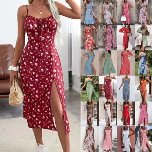 Womens Floral Boho Split Midi Dress Ladies Summer Beach Holiday Strappy Sundress