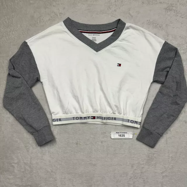 Tommy Hilfiger Long Sleeve Crop Top - Small - White and Gray