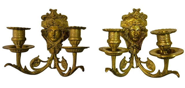 Antigua pareja de apliques, faroles de bronce, Napoleón III, Imperio. Medusa.