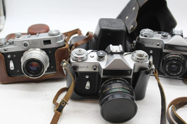 C x3 Vintage USSR KMZ Cased Film Cameras Inc. Fed 3, Zenit-E etc