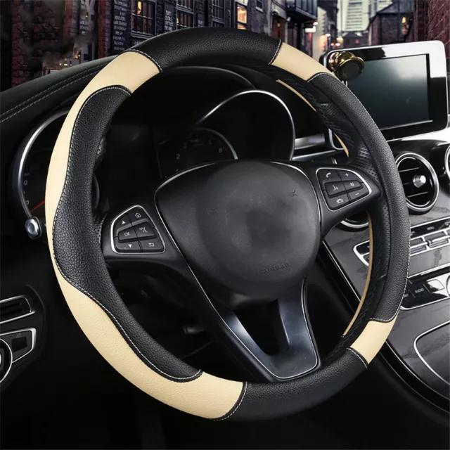 15" PU Car Steering Wheel Cover for Good Grip Auto Accessories Black/Beige