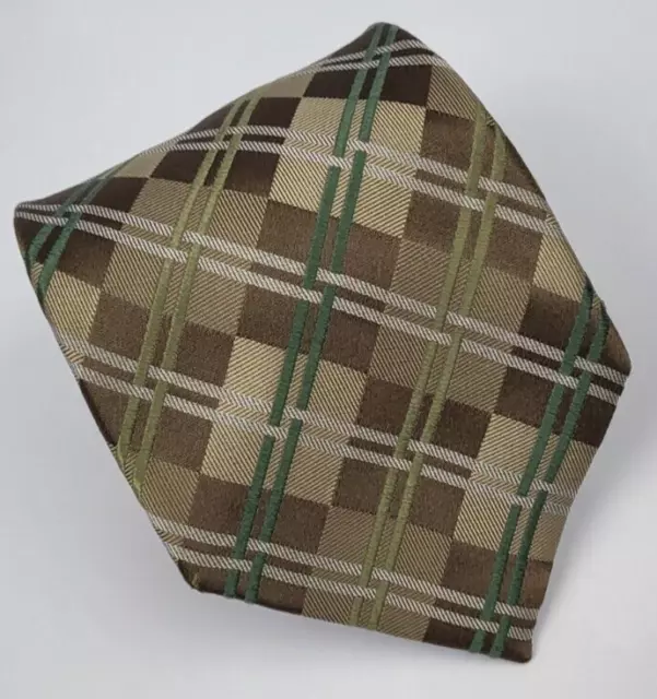 Geoffrey Beene Silk Tie Brown Beige Green Plaid Geometric Men Necktie 57 x 3.75