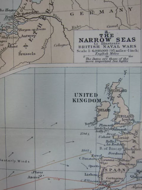 1911 Map ~ Narrow Sea England France ~ North Atlantic West Indies Nelsons Track 2