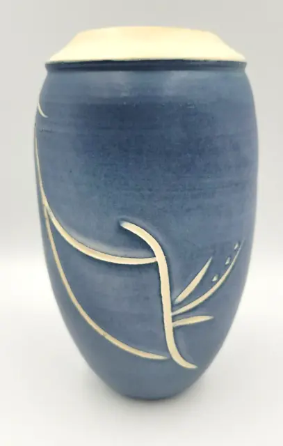 Studio Art Pottery Vase Blue With Cut Design  Signed