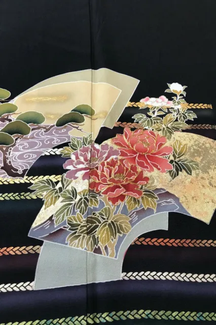 @@Japanese vintage kimono/ tomesode black silk fabric/ folding fans, gold P21 2