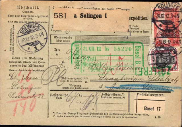 Dt. Reich 1912 - 1 Mark + 40 Pfg.  Paketkarte "Solingen"    (#9965)