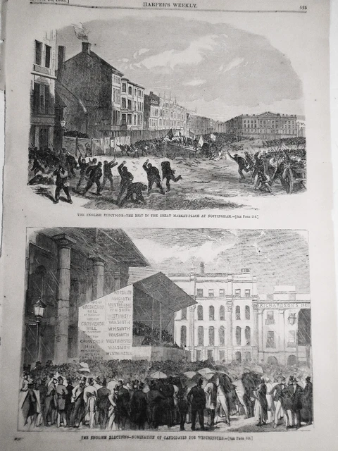 1865 Il Inglese Elections - 2 Stampe : Riot IN Marketplace & Nominations