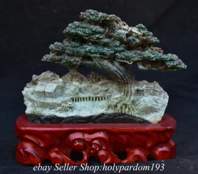 9.6" Chinese Natural Dushan Jade Carved Mountain Tree Figure House Statue
