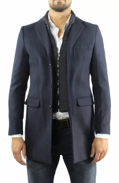 Cappotto Uomo Lana Invernale Elegante Blu Cappottino Con Gilet Giubbotto Lungo S