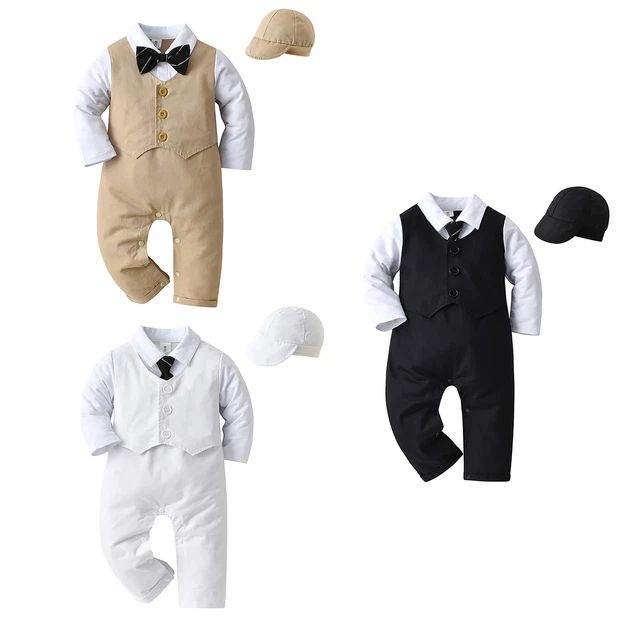 3Pcs Baby Boys Gentleman Romper Suit Fake Vest Jumpsuit Bow Hat Set Formal Dress