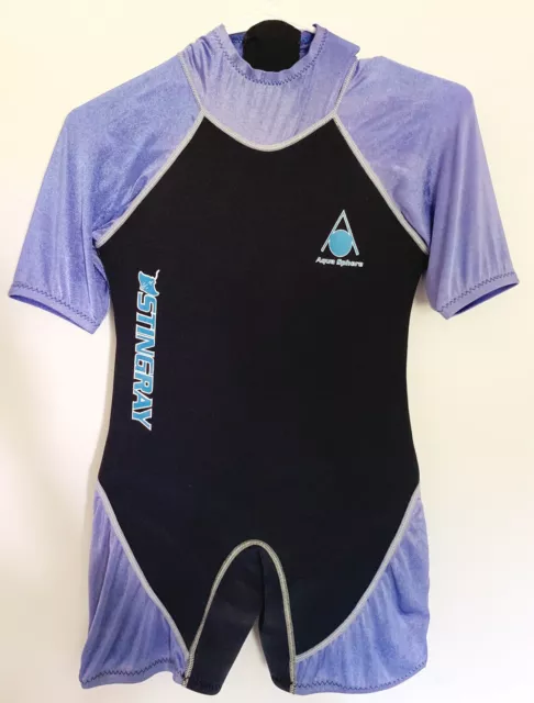 Women’s Youth Aqua Sphere Wet Suit Sz 8 Black And Purple Zipper Back Short Sleev