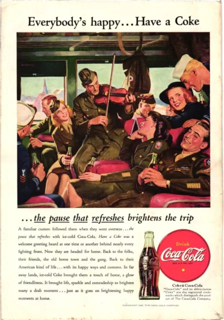 1945 Coca Cola Print EVERYBODY'S HAPPY. . BRIGHTENS TRIP Military Travel