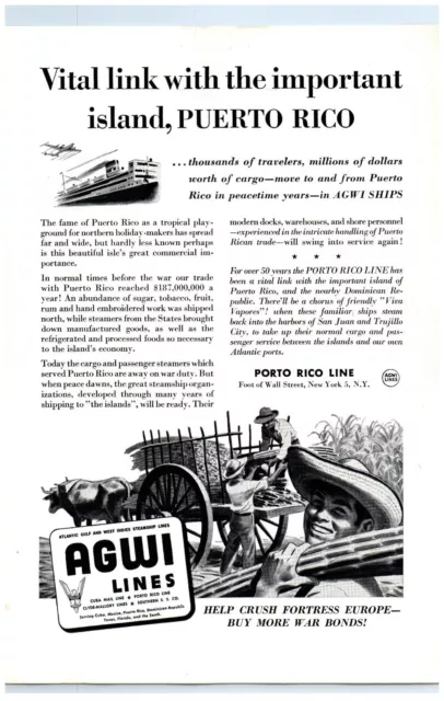 Porto Rico Line AGWI Lines Puerto Rico Travel WWII 1944 Print Ad 6.5"w x 10"t