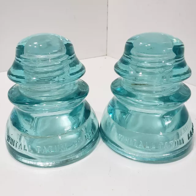 Whitall Tatum Pair No 1 Glass Insulator Aqua Teal Blue Antique #42 and #32 USA