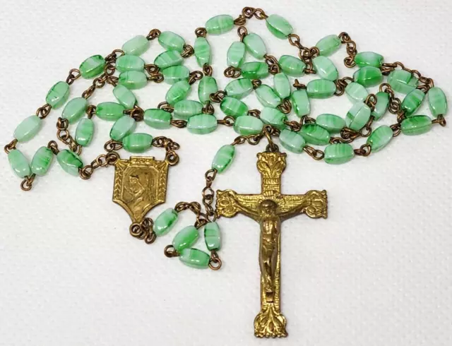 Vintage Catholic Rosary Green Glass Satin Beads Gold Tone Czechoslovakia