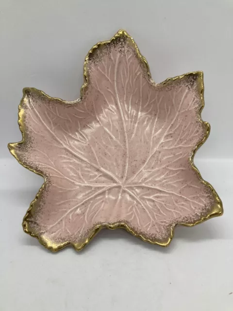 CALIFORNIA Pottery Leaf Dish Pink With Gold Trim USA VINTAGE #727