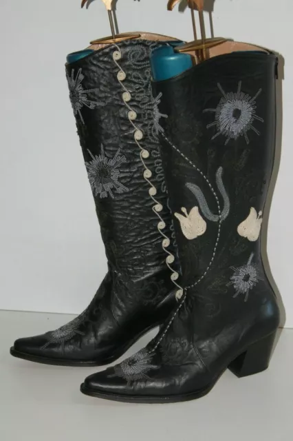 ERKAN DEMIR  ARTEMIS Bottes Pointues Cuir Fripé Brodé T 39 TTBE