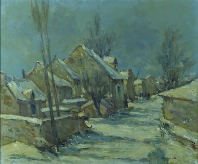 Tableau ancien HST impressionniste André Villaret Paysage Aveyron Neige Village