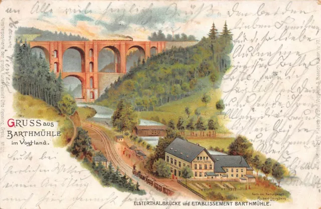Gruss aus Bartmühle mit Brücke und Gasthof im Vogtland Sachsen Postkarte AK 1900