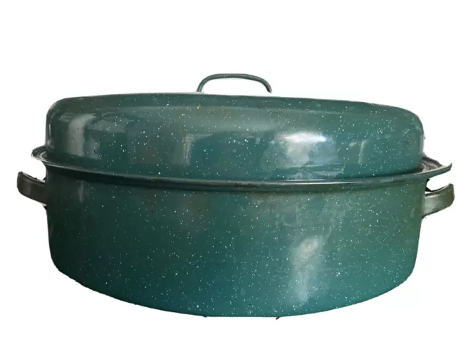 Rare Green Enamel Oval Oven Roasting Roaster Pan - 8 QT