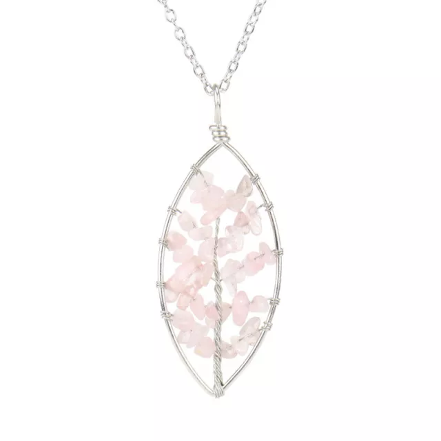 Natural Rose Quartz Tree of Life Leaf Pendant Necklace Healing Reiki Amulet