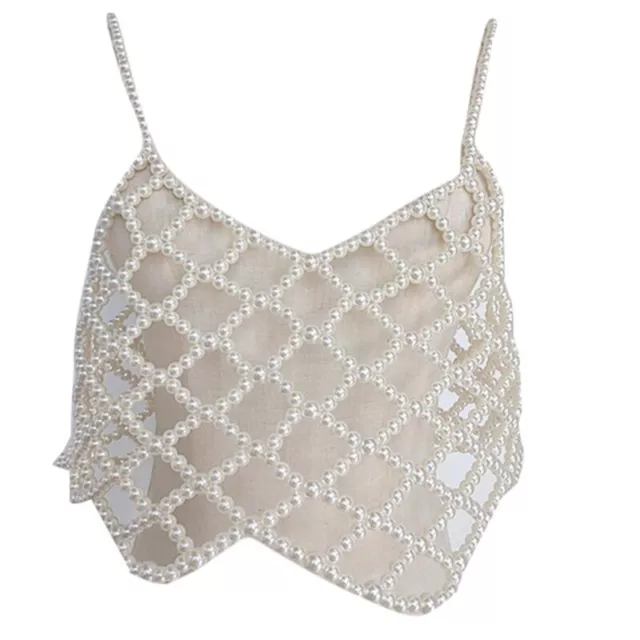 Women Beaded Camisole Crop Top Hollow Out Mesh V-Neck Jewelry Vest