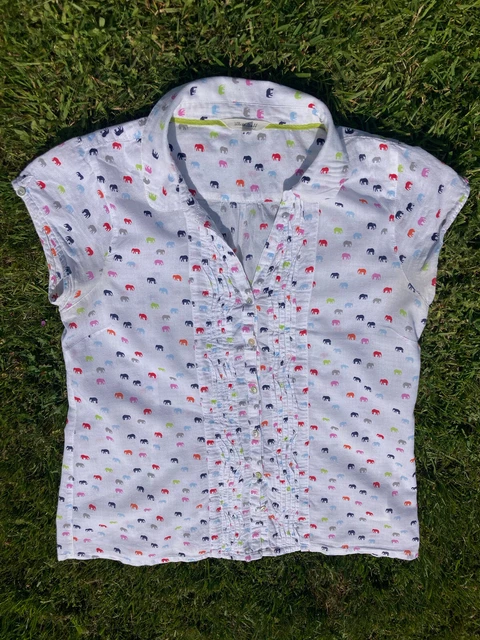 White Stuff Size 10 Cotton Blouse With Colourful Elephant Pattern & Pin Tucks