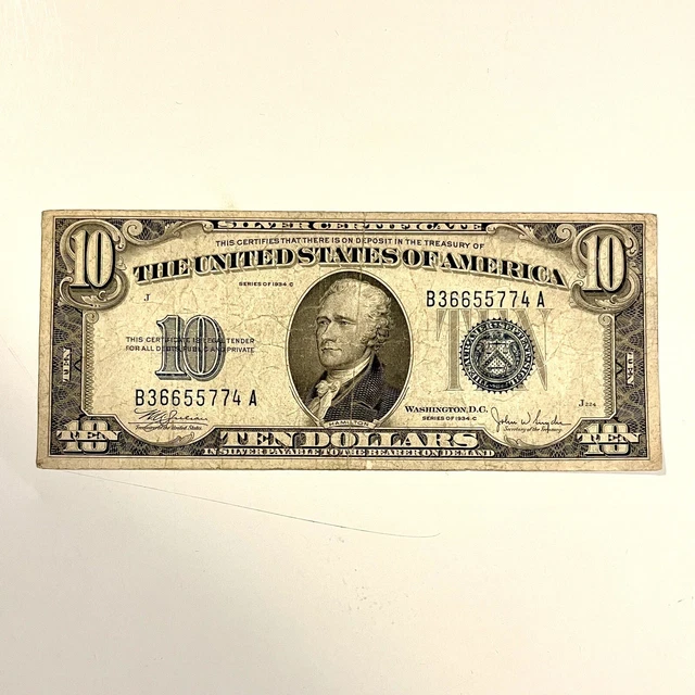 1934C Ten Dollars Silver Certificate Blue Seal Fine Banknote