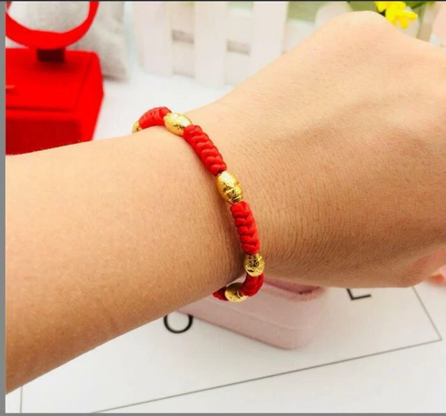 transport Hand Braided Olive Beaded Red String 23K 24K THAI BAHT YELLOW GOLD GP