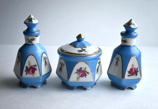 Antique German porcelain perfume bottles and powder vanity toiletry dresser set