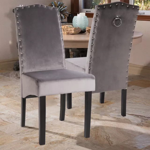 4X Grey Velvet Dining Chairs High Knocker Back Upholstered Seats Home Kitchen UK