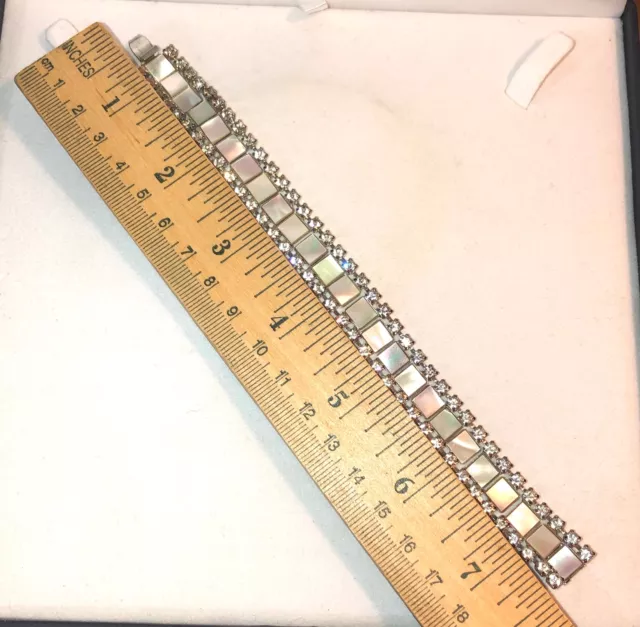 Mother of Pearl Silver Rhinestone Tennis Link Bracelet Art Deco Vtg Antique Mint