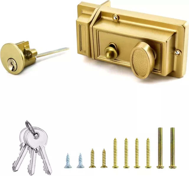 Night Latch Deadbolt Rim Lock with Key Gold Finish Antique Style Lock with Front