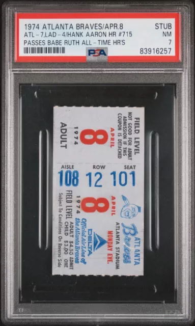 1974 Atlanta Braves Ticket Stub HANK AARON HR 715 4/8/74 Passes Babe Ruth PSA 7