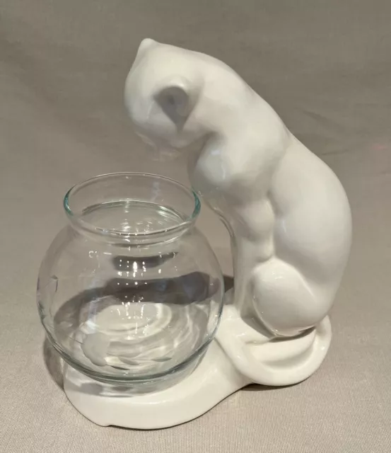 Vintage Haeger Pottery White Cat Sculpture Fish Bowl Plant Holder 7" tall 2