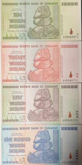 Zimbabwe/ Simbabwe; Set 10, 20, 50, 100 Trillion $ (2008) UNC.