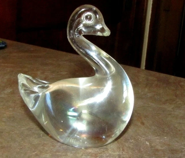 Vintage Swan Goose Duck Glass Figurine Crystal Clear Solid Glass Paperweight 4"