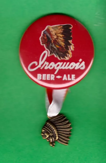 IROQUOIS Brewing BEER Buffalo NY 1-3/4" RP PIN  w/ "Bronze" Indian Chief Charm