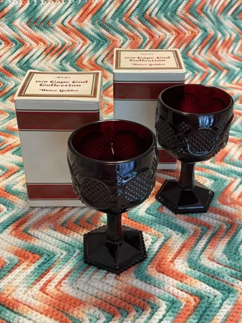 Vintage Avon The 1876 Cape Cod Ruby Red Glasses Wine Water Goblets Set of 2