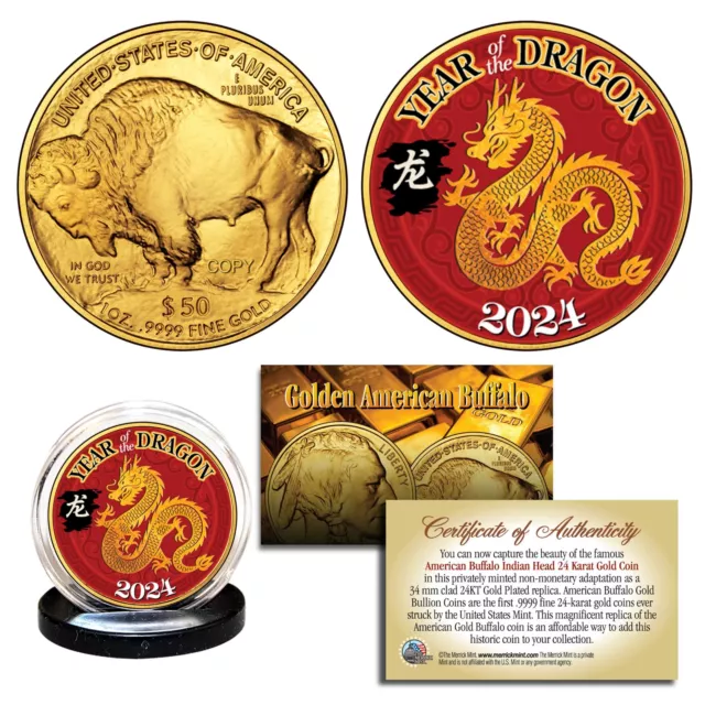 2024 Lunar New YEAR OF DRAGON 24K Gold Clad $50 American Buffalo Tribute Coin
