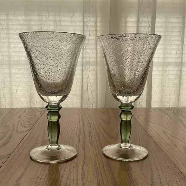 Set of 2 Pottery Barn Hand Blown Bubble Glass Goblets Green Stems Wine / Water