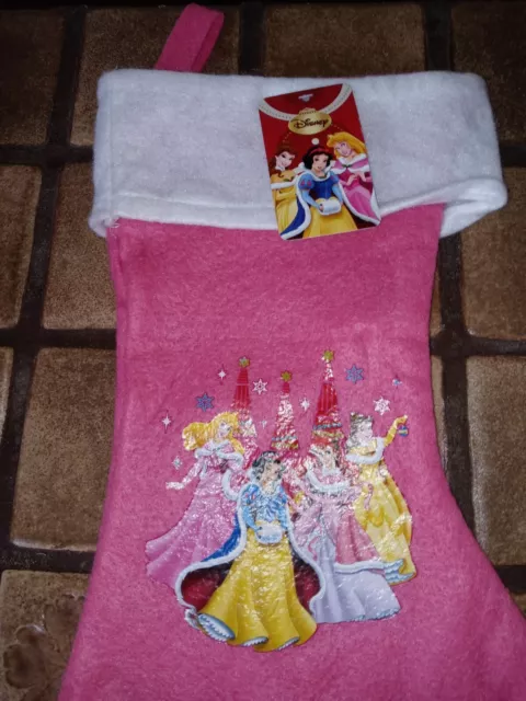 Disney Princess Trio Holiday Friends Pink Cloth Hanging Christmas Stocking NWT