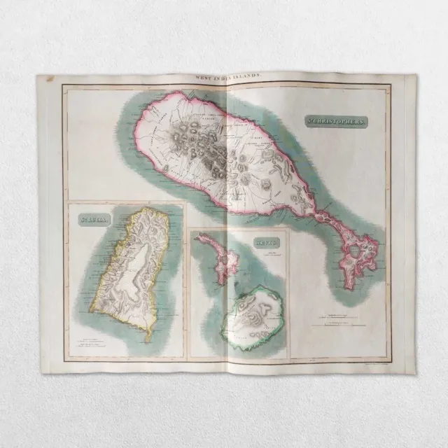 Antique 19Th Century Map John Thomson 1814 West Indies St Kitts Nevis St Lucia