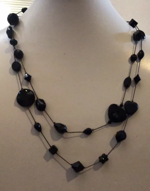 Dabby Reid Black Crystal Bead Necklace 45” Varying Shapes Gunmetal