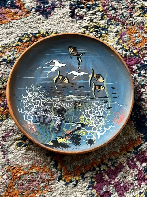 Vintage Studio Pottery Under The Sea Small Wall Plate Handpainted Signed Rare